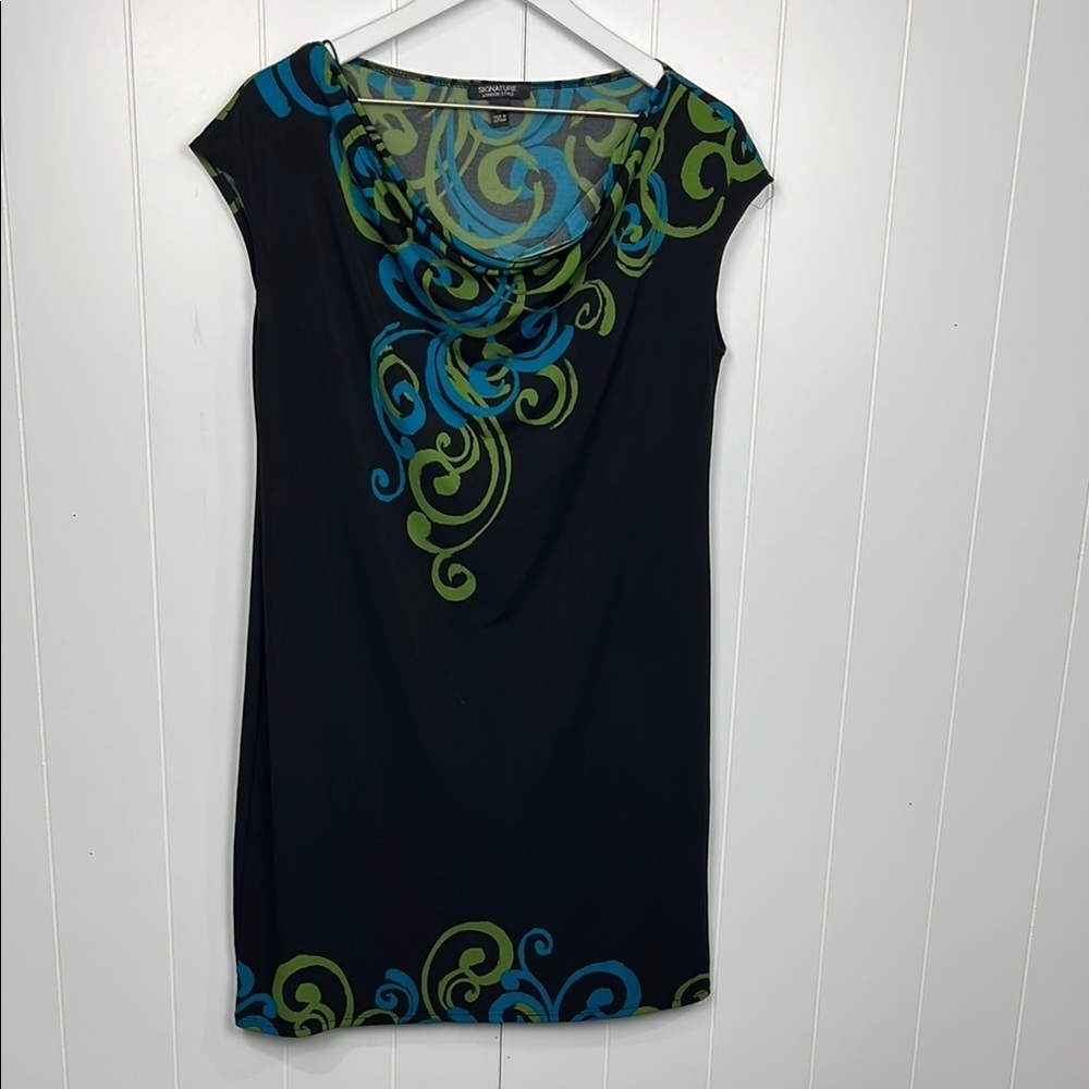 Signature London Womens Dress M Black Green Pullover Swirl Pattern Soft Classy